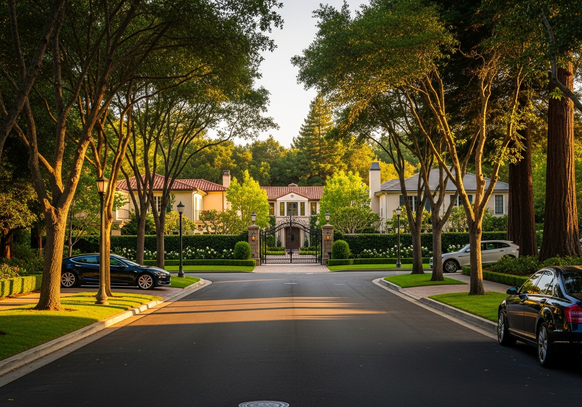 Atherton California tree-lined residential estate neighborhood in San Mateo County