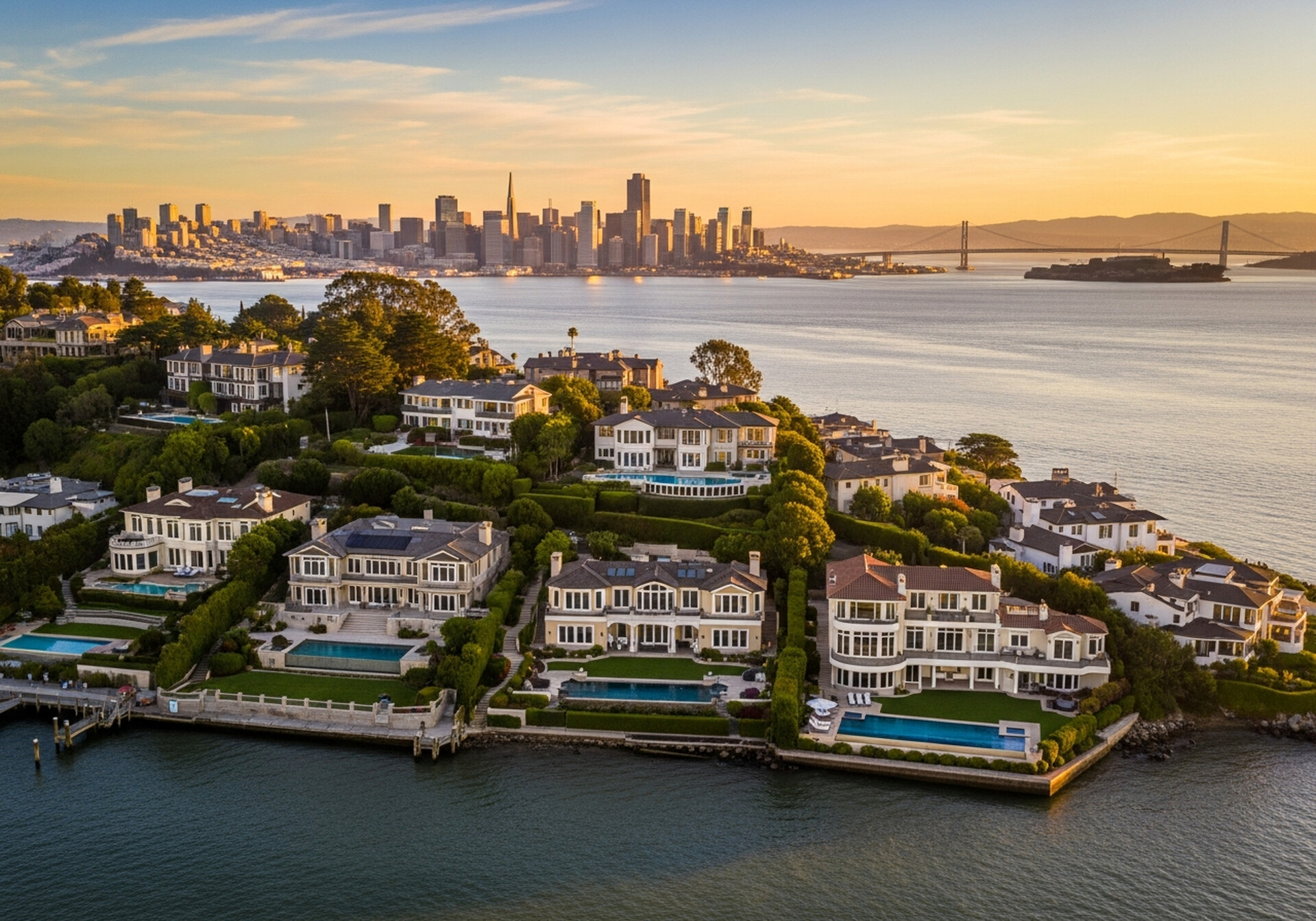 Belvedere Island California waterfront homes on Richardson Bay in Marin County
