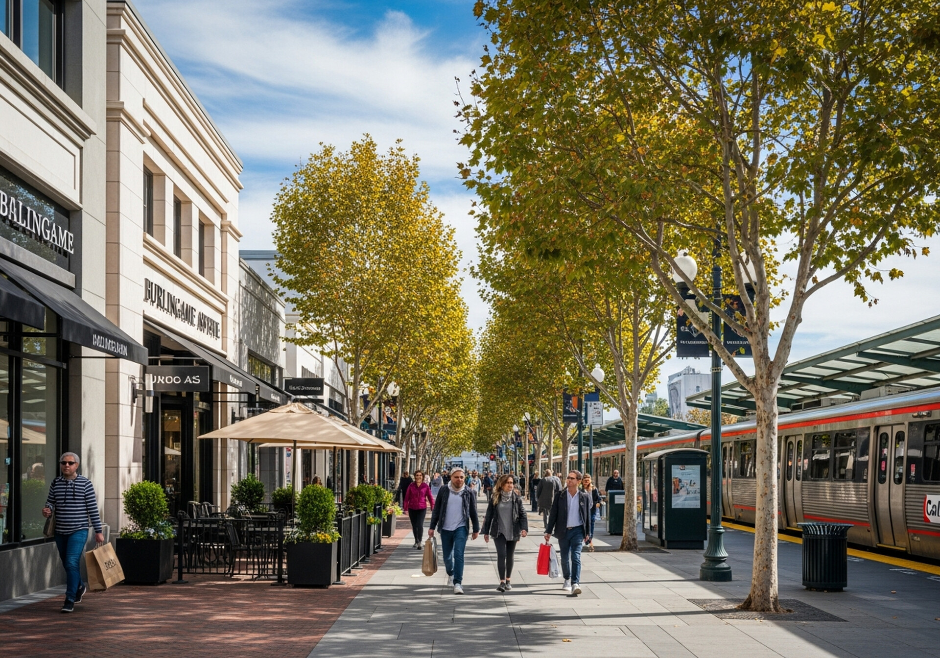 Burlingame California downtown Broadway Avenue and bay shoreline in San Mateo County
