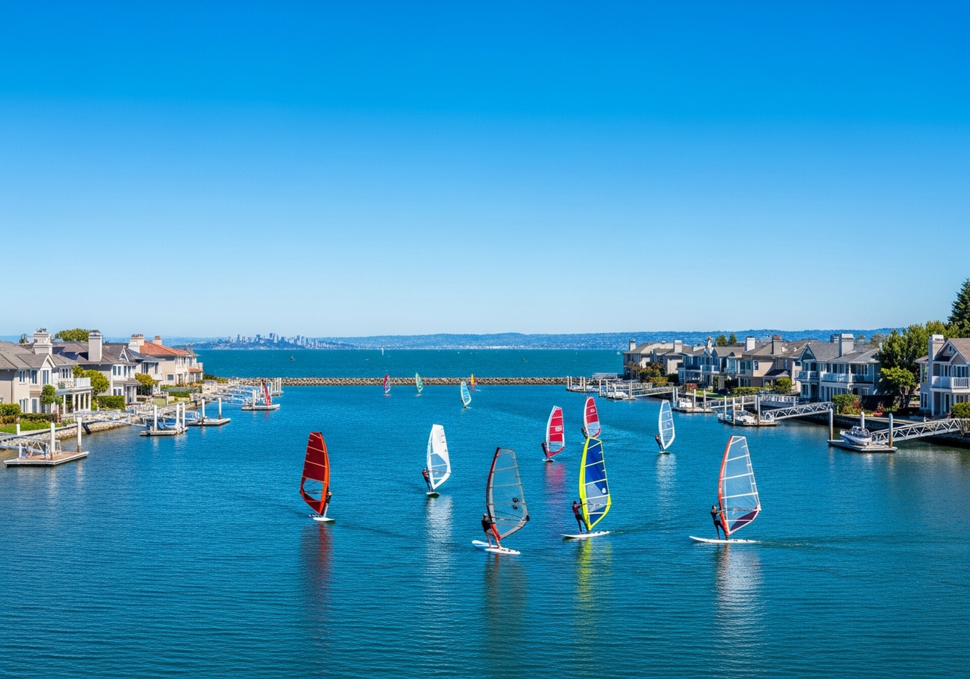 Foster City California lagoon waterway and residential neighborhood in San Mateo County