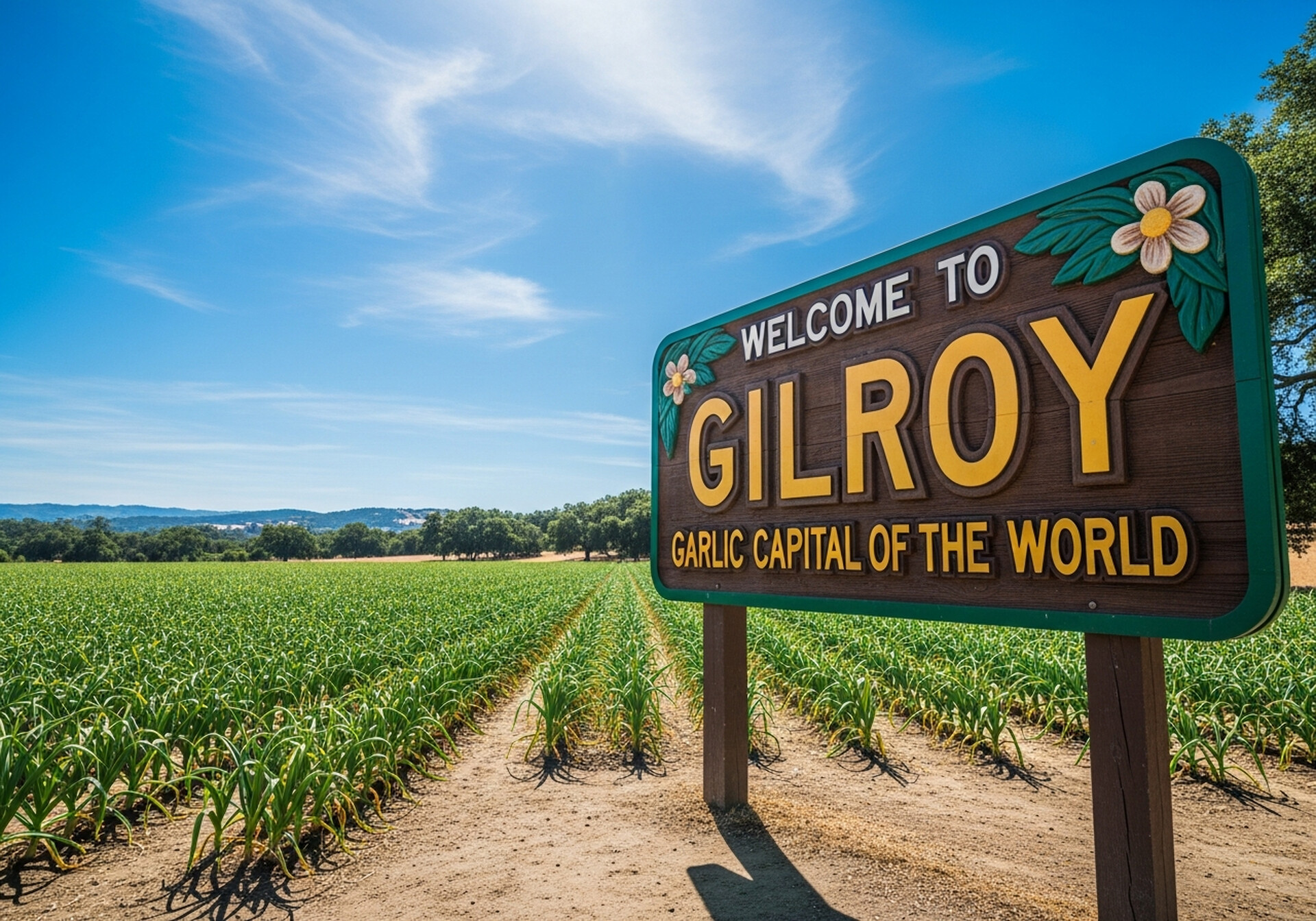 Gilroy California garlic capital downtown with rolling hills in Santa Clara County