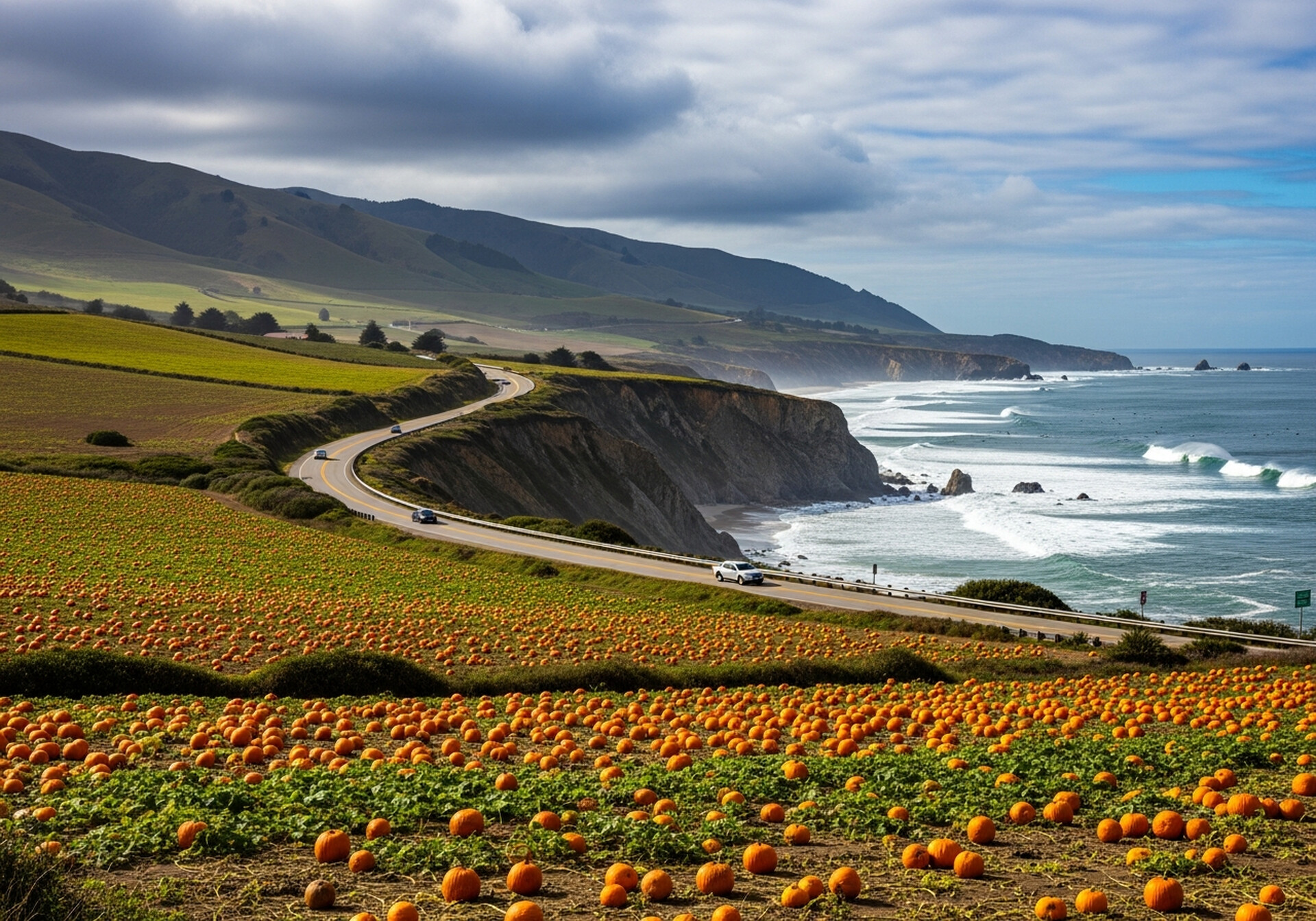 Half Moon Bay California coastal downtown and Pacific Ocean in San Mateo County