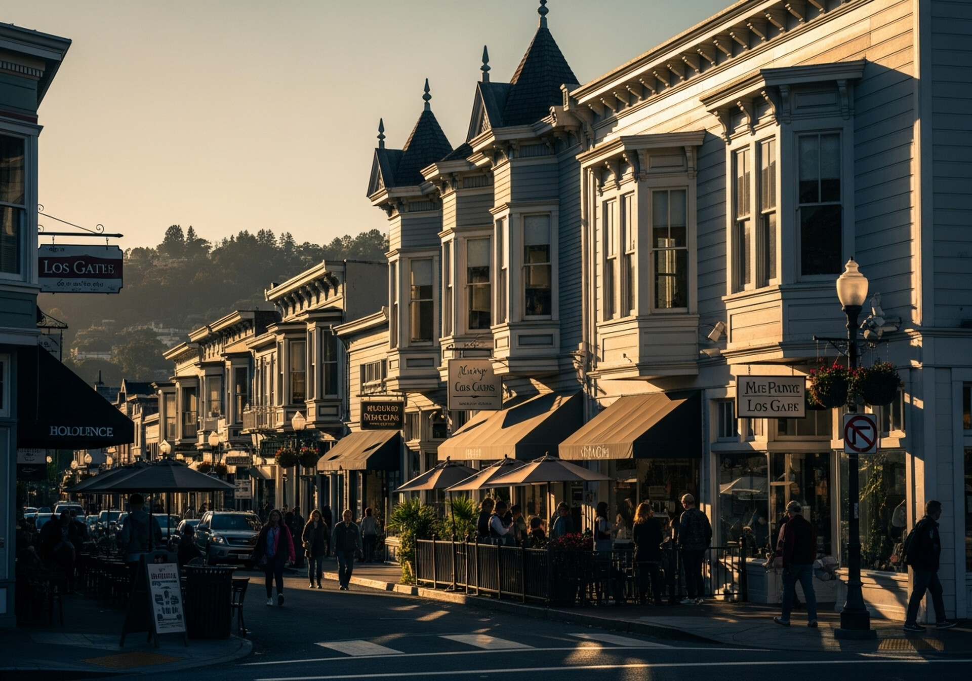 Los Gatos California hillside downtown with Victorian buildings and Santa Cruz Mountains in Santa Clara County