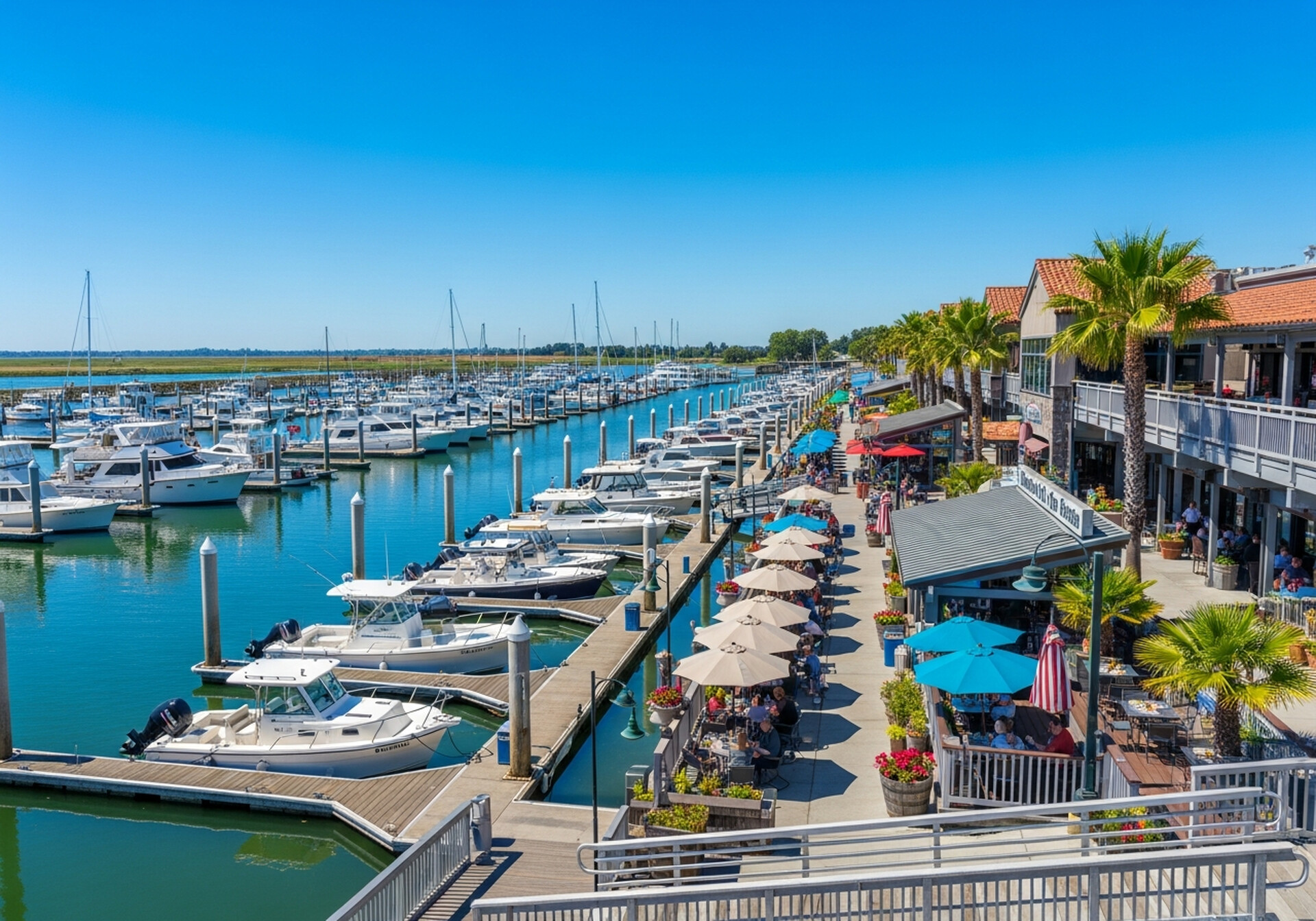 Suisun City California waterfront marina on Suisun Slough tidal wetlands in Solano County